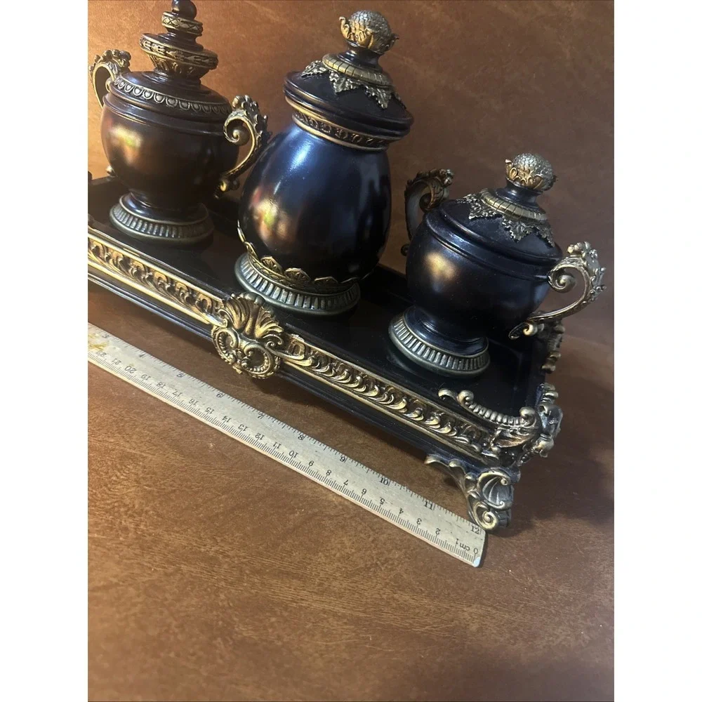 Hollywood Regency Resin Inkwell & Urn Vanity Tray 4pc Set Black Gold Decor